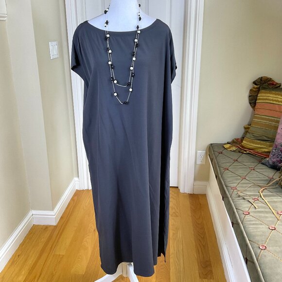 Eileen Fisher Dress Bateau Neck Cap Sleeve Gray Graphite Tencel Viscose (~1X) - Picture 1 of 7